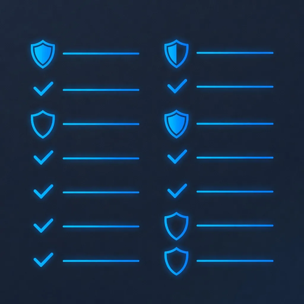Abstract compliance document and checklist with stylized checkmarks and shield in navy and blue