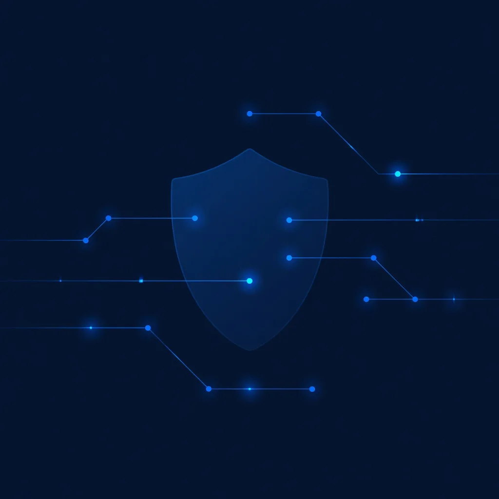 Abstract network being tested with shield and nodes in dark navy and blue tones